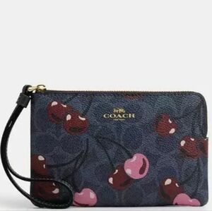 Coach Corner Zip Wristlet in Signature Canvas with Cherry Print